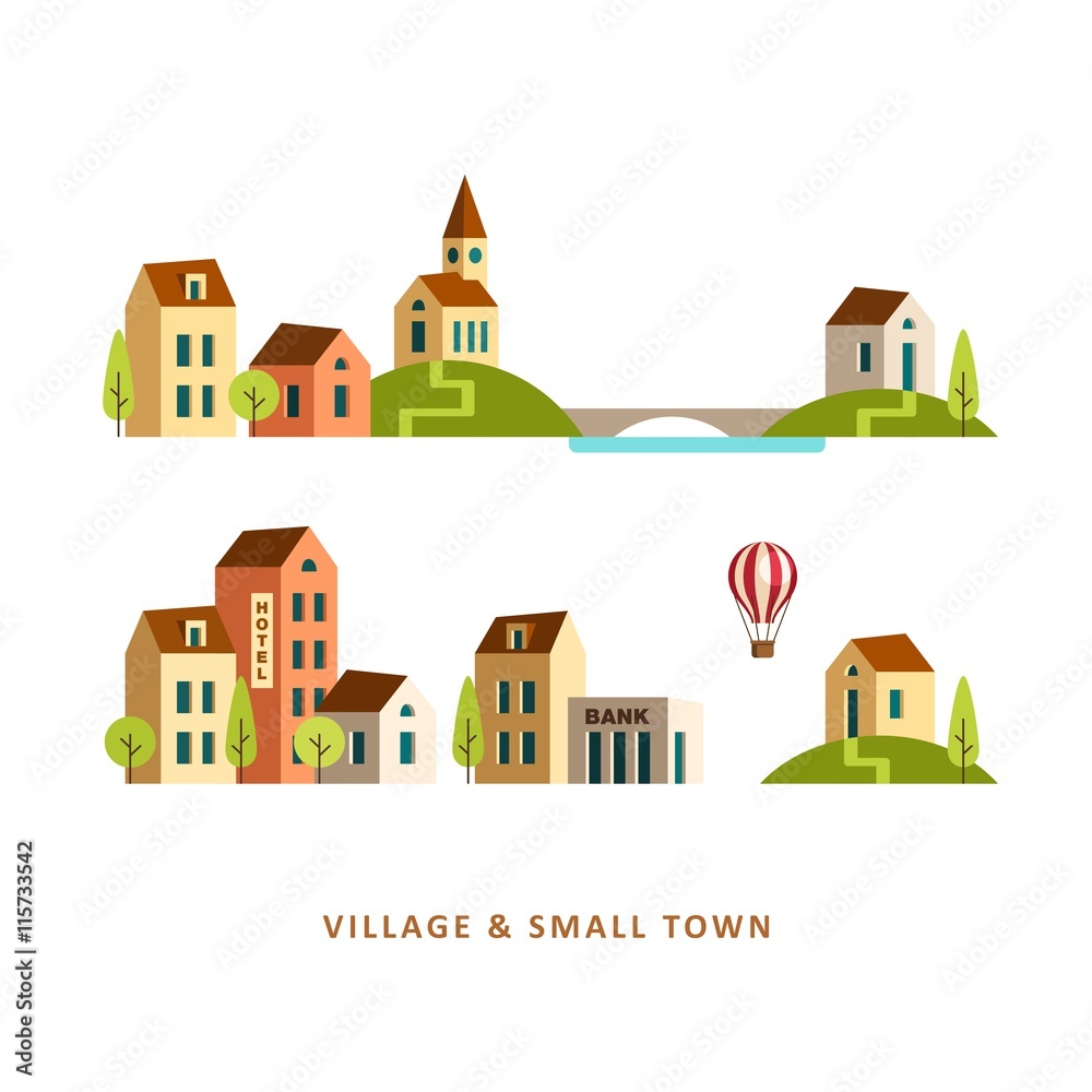 Rural and urban landscape. Village. Small town. Vector flat illustration.