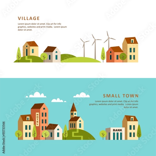 Rural and urban landscape. Village. Small town. Vector illustration.