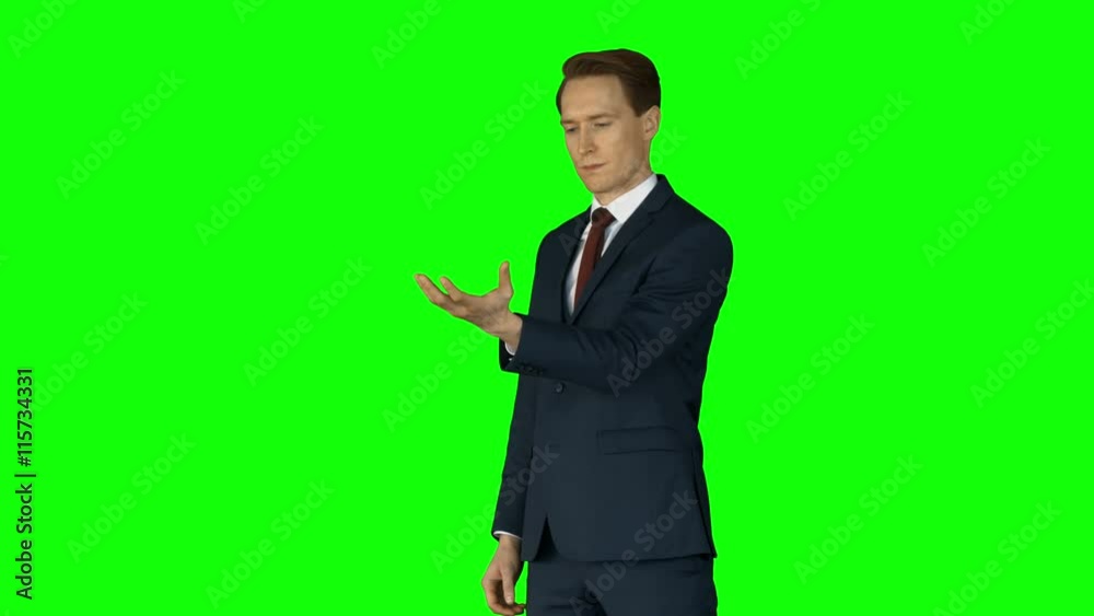 Businessman lifting something on his hand on green screen Businessman lifting something on his hand on green screen