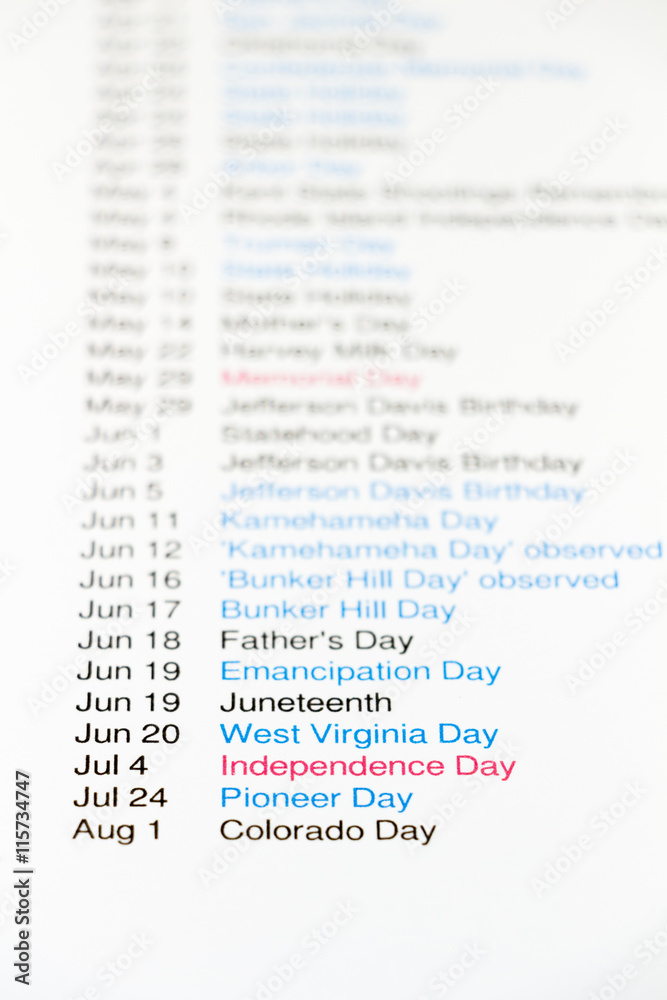 American independence day and other public holidays on 2017 calendar with shallow depth of field American independence day and other public holidays on 2017 calendar with shallow depth of field