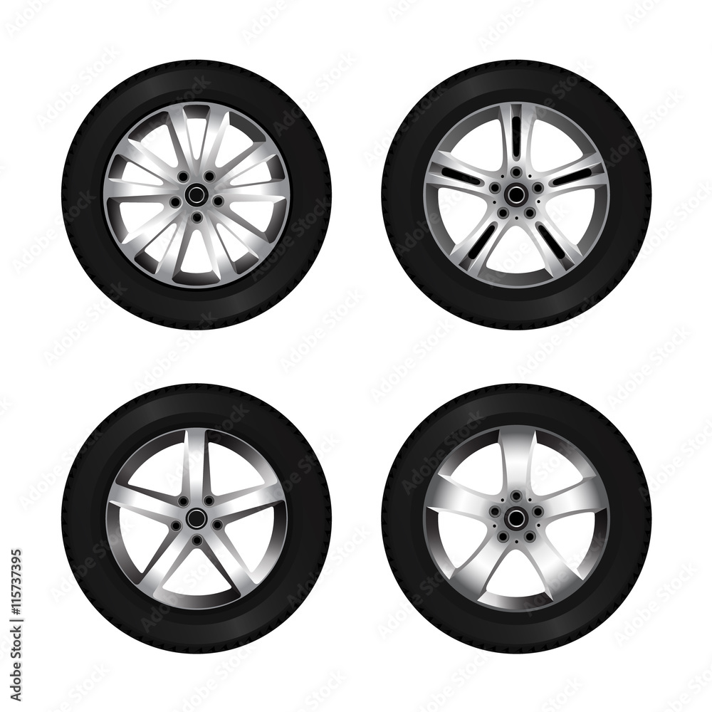 Wheel and tire set for transport or service design. Shining car disk isolated on white background