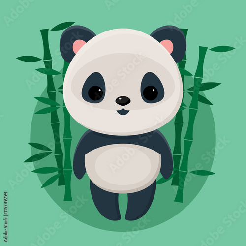 Fototapeta Naklejka Na Ścianę i Meble -  Cute panda standing in front of bamboos on green background