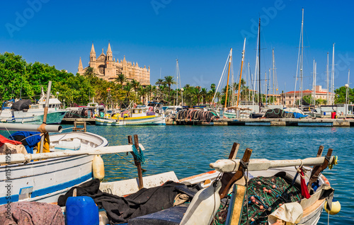 Spanien Mallorca Palma Hafen mit Blick auf Kathedrale La Seu