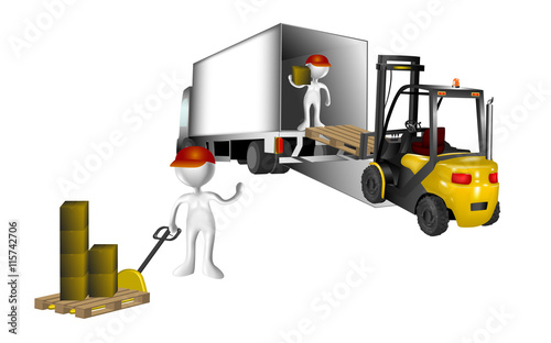 Camion con monigotes trabajadores y carretilla elevadora