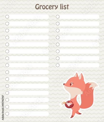 Vector grocery list with cute fox going shopping