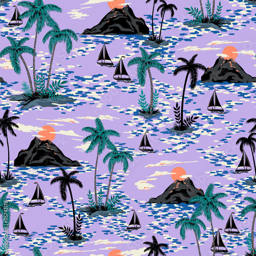 vector seamless retro style hawaii pattern with mountains, sunset, palm trees, boats. colorful bright artistic tropic fantasy background allover print