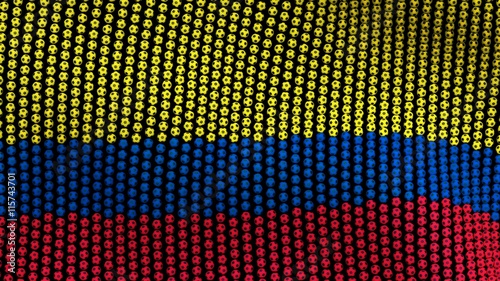 Flag of Colombia, consisting of many balls fluttering in the wind, on a black background. 3D illustration.
