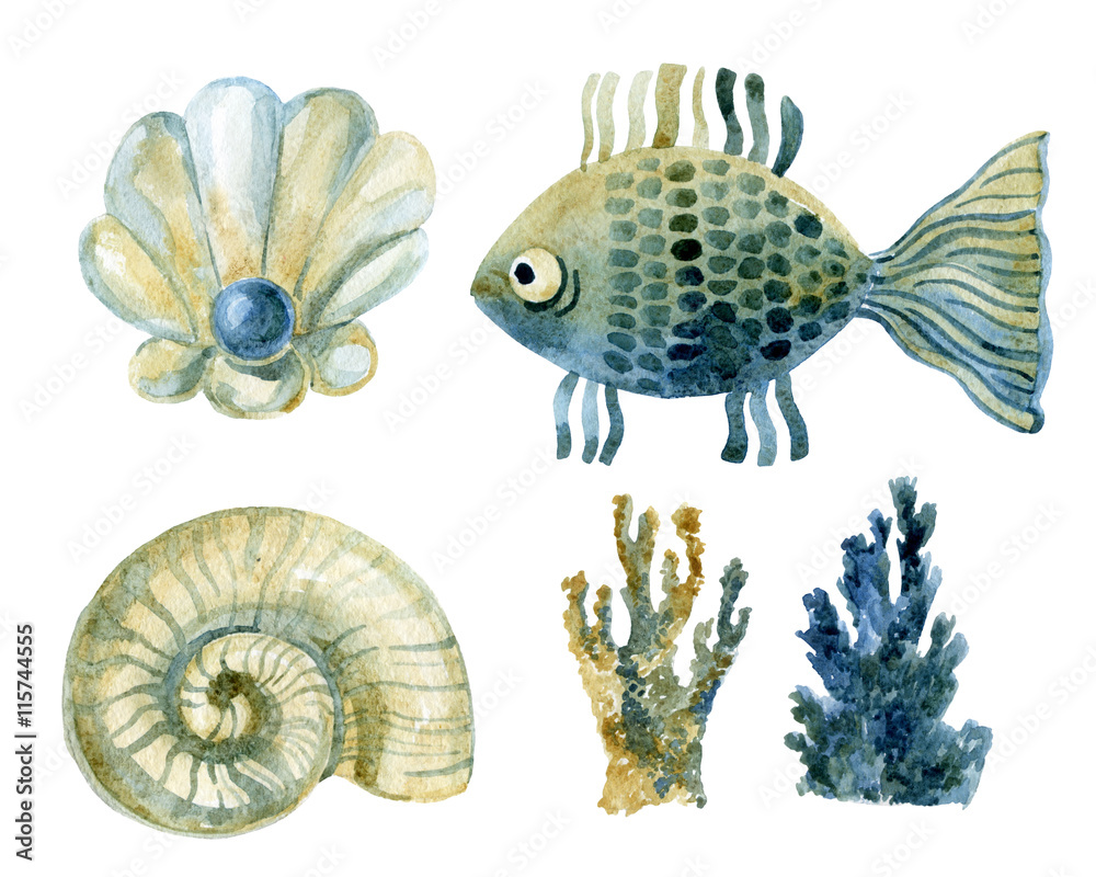 Fototapeta premium Watercolor marine set