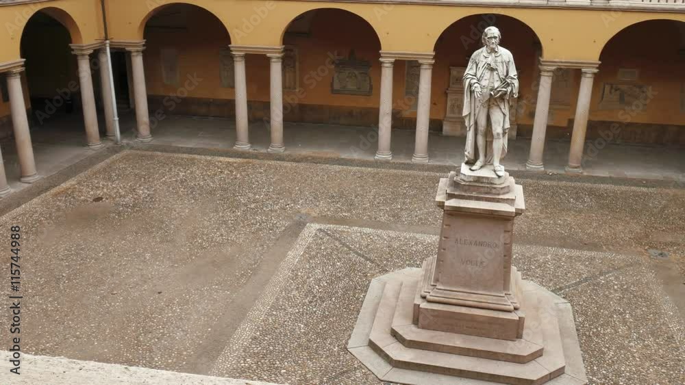 Alessandro Volta statue at University of Pavia, PV, Italy, slow panoramic shot
