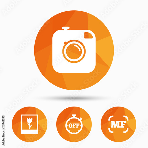 Photo camera icon. Manual focus and Macro signs.