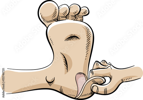 A cartoon hand peels a large callous of skin from the heel of a human foot.