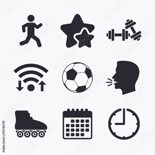 Football ball, Roller skates, Running icons.