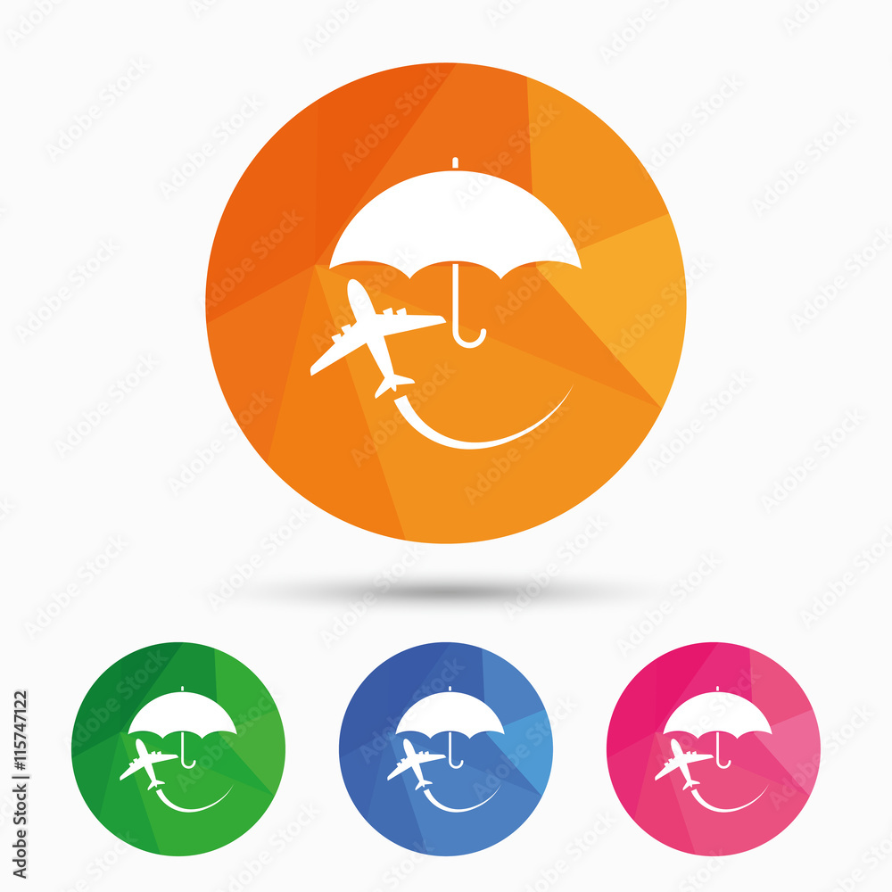 Flight insurance sign icon. Safe travel symbol. Flight insurance sign icon. Safe travel symbol.