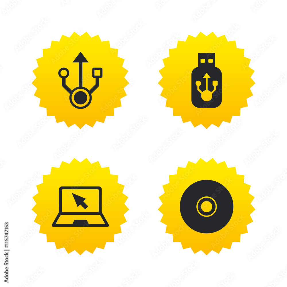 Usb flash drive icons. Notebook or Laptop pc.