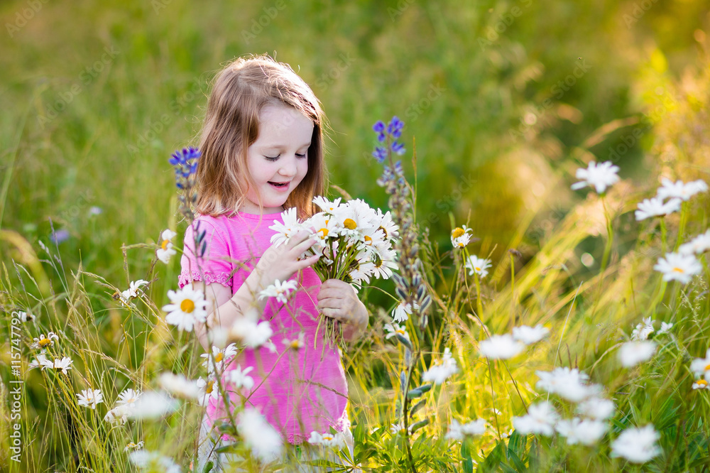 Little girl in daisy flower field