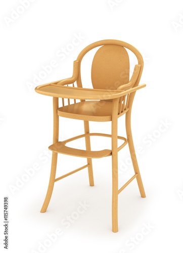 Wooden high chair for baby feeding isolated on white. 3d illustr