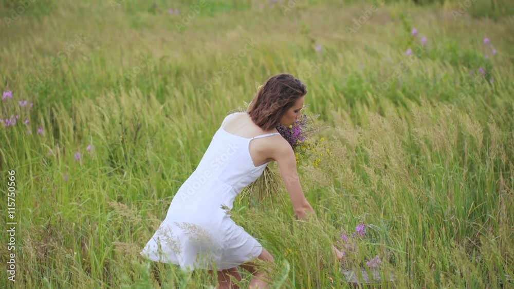Summer flowering field and a beautiful girl in a white sundress. Summer flowering field and a beautiful girl in a white sundress.