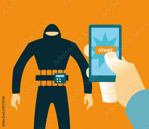 Terrorist shahid belt leads into action using a smartphone