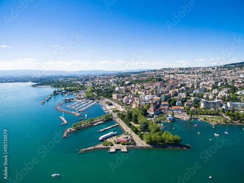 Aerial view of Ouchy waterfront in  Lausanne, Switzerland
