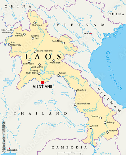 Laos political map with capital Vientiane  national borders  important cities  rivers and lakes. Also known as Muang Lao  a landlocked country in Southeast Asia. English labeling. Illustration.
