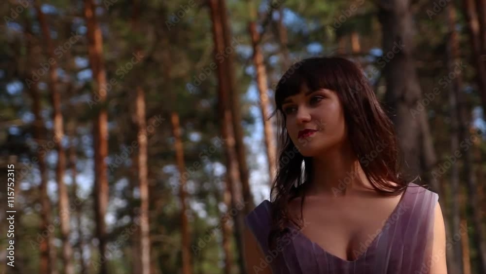 young beautiful brunette walks in the woods in a pretty dress. young beautiful brunette walks in the woods in a pretty dress.