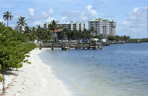 Boat docks and condos on Fort Myers Beach, Florida, USA