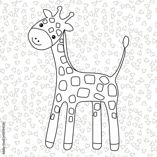 Coloring page Little cute giraffe stands and smiles with hearts on background for kid colouring book. Vector illustration