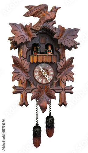 Antique cuckoo clock isolated on white