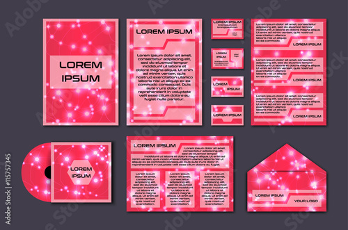 Corporate template set with glowing abstract layout. Vector company style for brandbook and guideline.