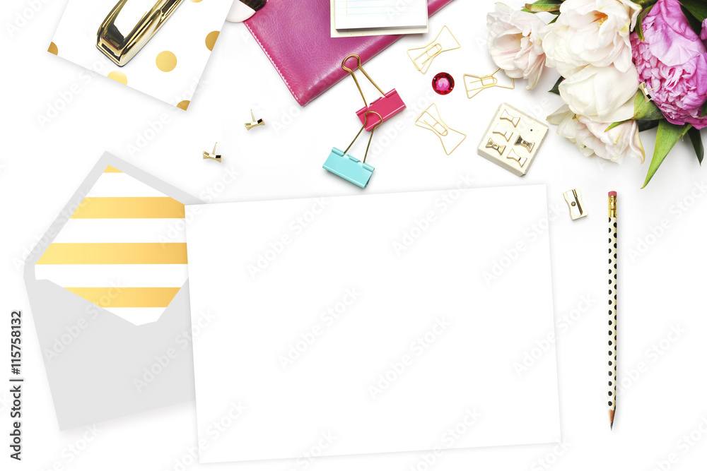 Flat lay. Feminine scene. Office background. Mock-up for your photo or text Place your work. Woman desktop, template card, Peonies and gold stationery. Gold Polka. Header website or Hero website.