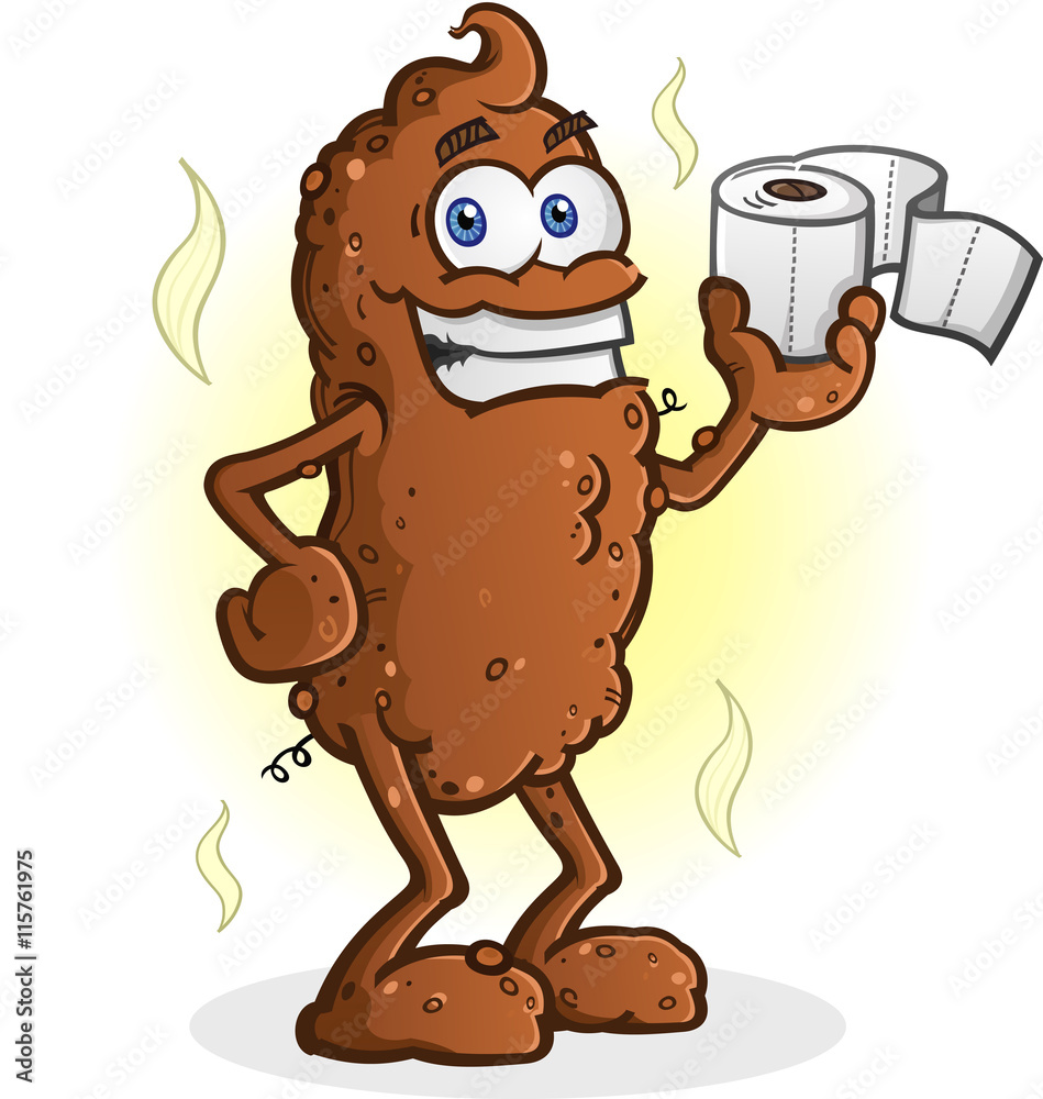 Poop Cartoon Character Standing and Holding Toilet Paper Stock Vector