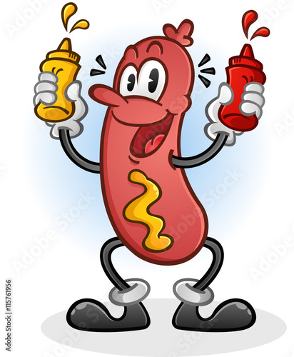 Retro Hot Dog Cartoon Character Squirting Mustard and Ketchup