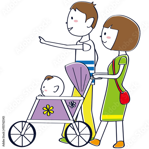 ベビーカーで赤ちゃんとお散歩夫婦　