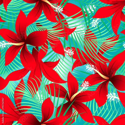 Tropical red frangipani hibiscus with palms seamless pattern