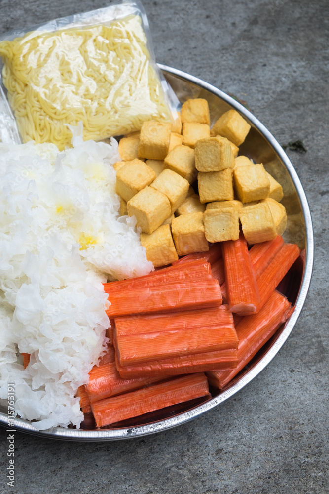 Fototapeta premium Hot Pot Ingredients tremella, fish tofu and crab sticks for Suki