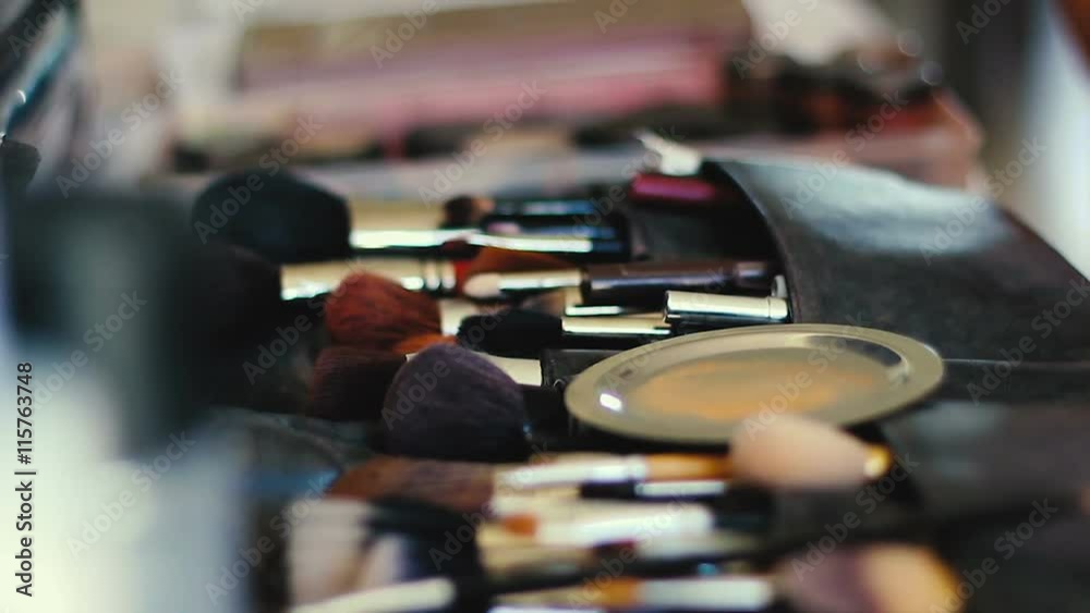 Closeup of professional cosmetics makeup brushes kit in motion.