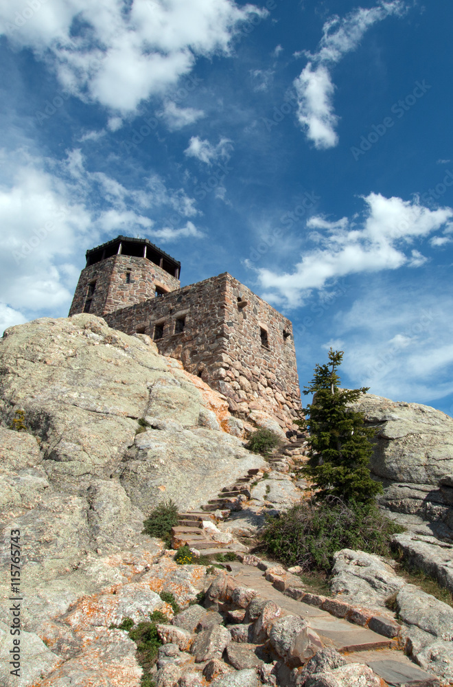 Harney Peak Fire Lookout Tower and stone steps in Custer State Park in the Black Hills of South Dakota USA