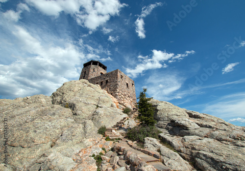 Harney Peak Fire Lookout Tower and stone stairway in Custer State Park in the Black Hills of South Dakota USA