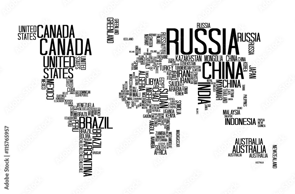 World Map with Countries name text, World Map Letter, World Map Typography