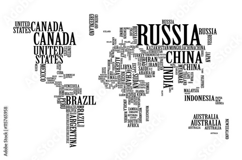 Slika na platnu World Map with Countries name text, World Map Letter, World Map Typography