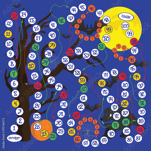 The Board game one hundred strokes with movements up and down, color numbers on  background for Halloween