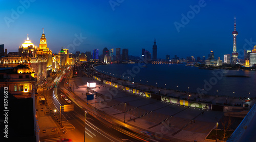 Aerial photography at Shanghai bund Skyline of panorama night sc