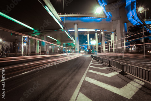 Empty road floor with city elevated bridge of night