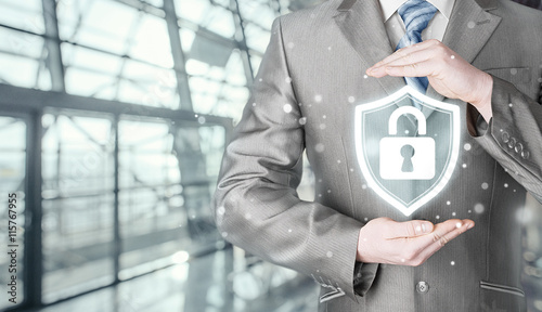 Data protection and insurance. Concept of business security, safety of information from virus, crime and attack. Internet secure system. Terminal background. Airport, railroad station.
