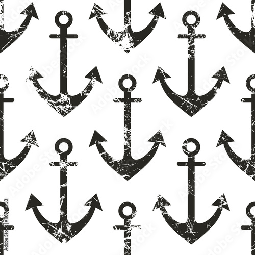Vector seamless pattern with icons of anchor. Creative geometric black and white grunge background, nautical theme. Texture with cracks, ambrosia, scratches, attrition. Graphic illustration.