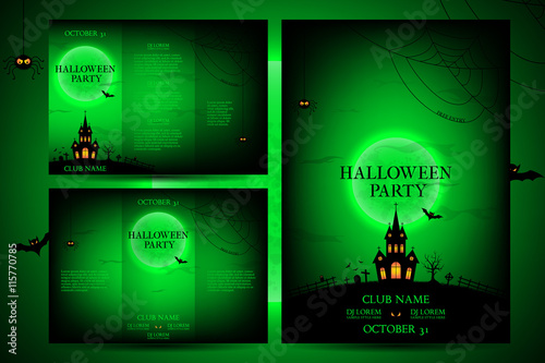 Set of flyers for halloween. Vector illustration. Templates of posters with terrible house on the green background. Halloween party greeting cards.