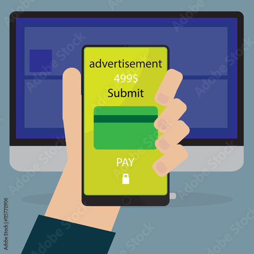 Human hand with Smart-phone nfc payments concept, E-payment technology. vector illustration in flat design..