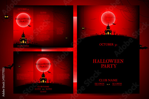 Set of flyers for halloween. Vector illustration. Templates of posters with terrible house on the red background. Halloween party greeting cards.