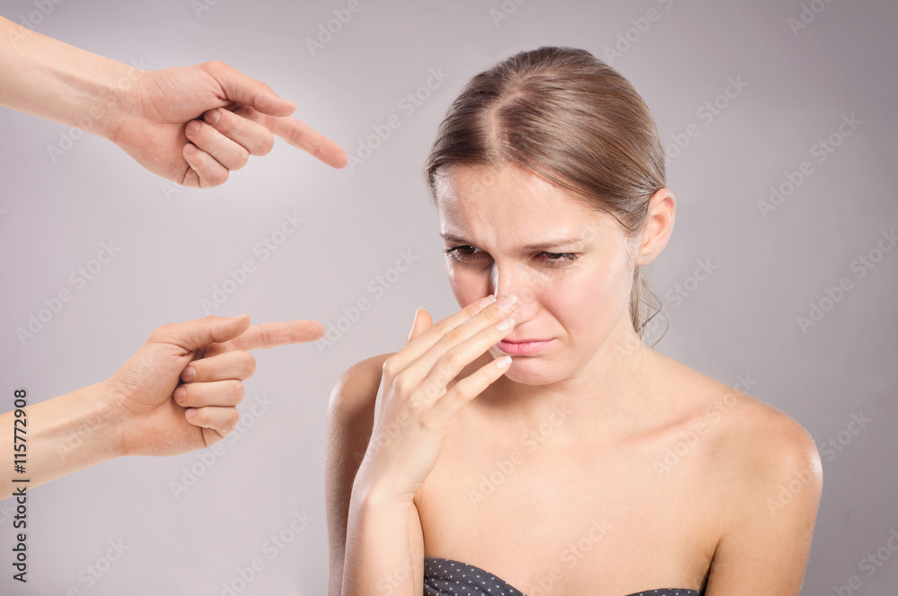 Guilty person. Woman with many finger pointing at her Guilty person. Woman with many finger pointing at her