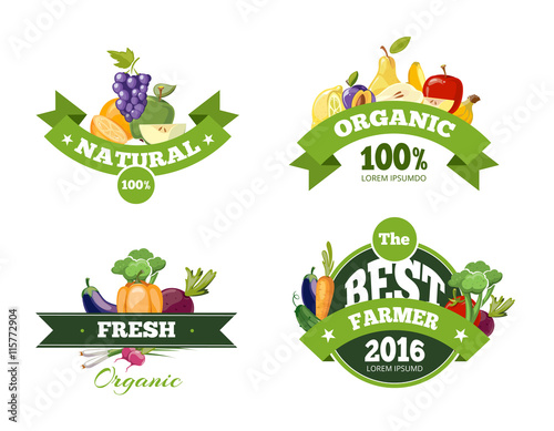 Organic farming products vector labels, emblems, badges, logos, stickers set. Organic food emblem and badge organic natural fruits and vegetables illustration
